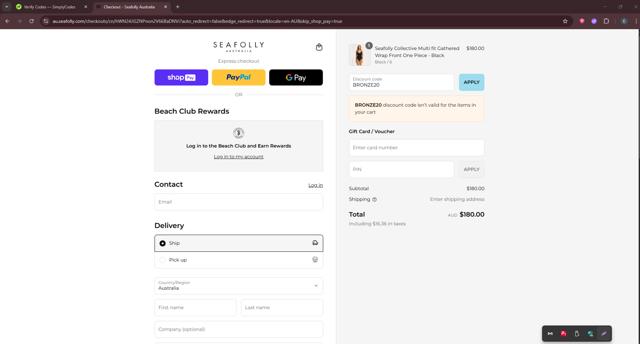 Seafolly checkout page showing Seafolly discount code box | Screenshot taken by SimplyCodes community member on Aug 21, 2025