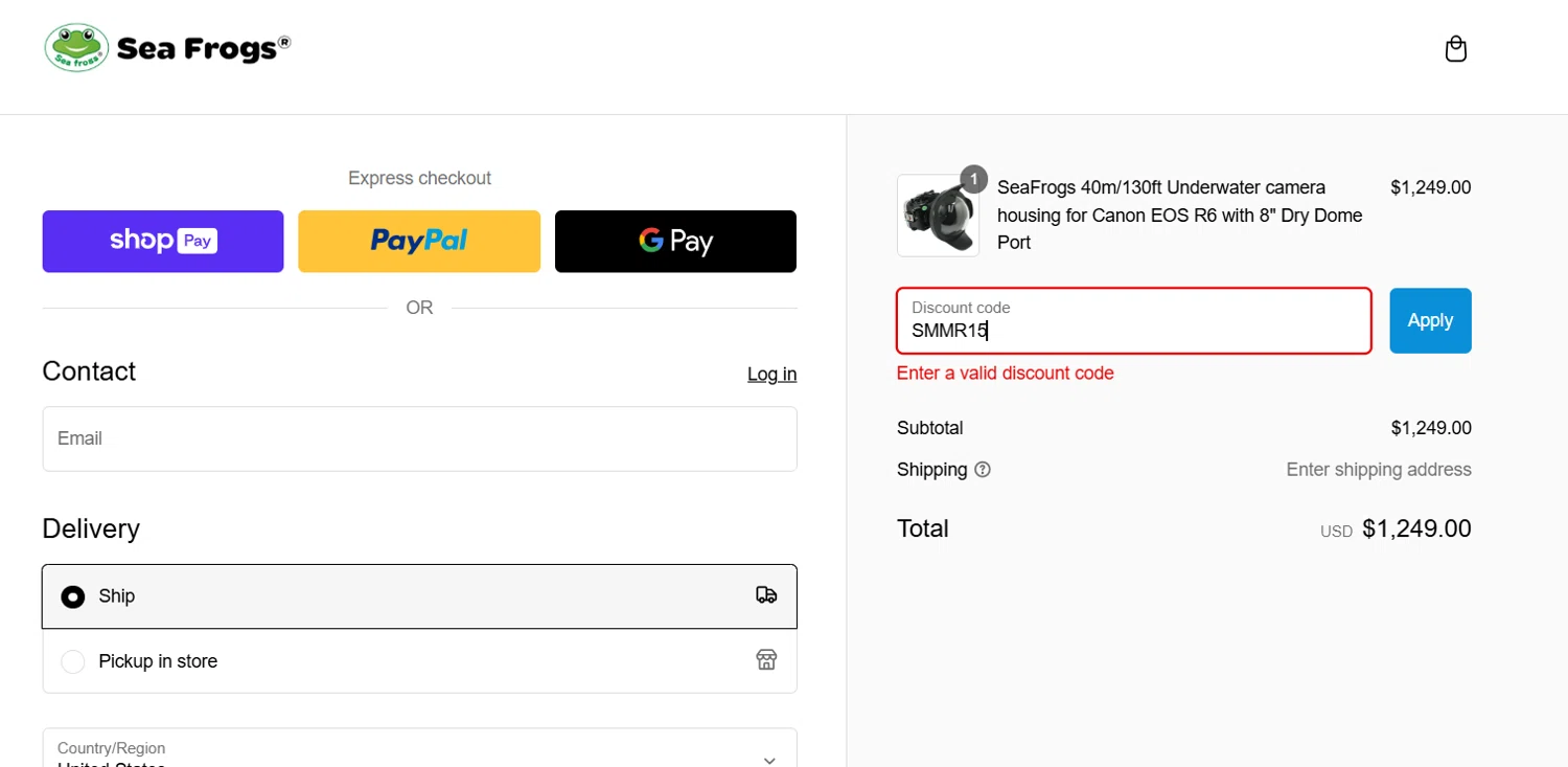 Sea Frogs promo code screenshot showing code SMMR15 applied at Sea Frogs checkout page. Uploaded by SimplyCodes community member SavvyNavigator5168 on Feb 24, 2025