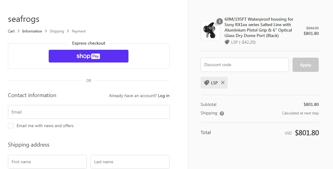 Sea Frogs checkout page showing Sea Frogs promo code box | Screenshot taken by SimplyCodes community member on Dec 14, 2021
