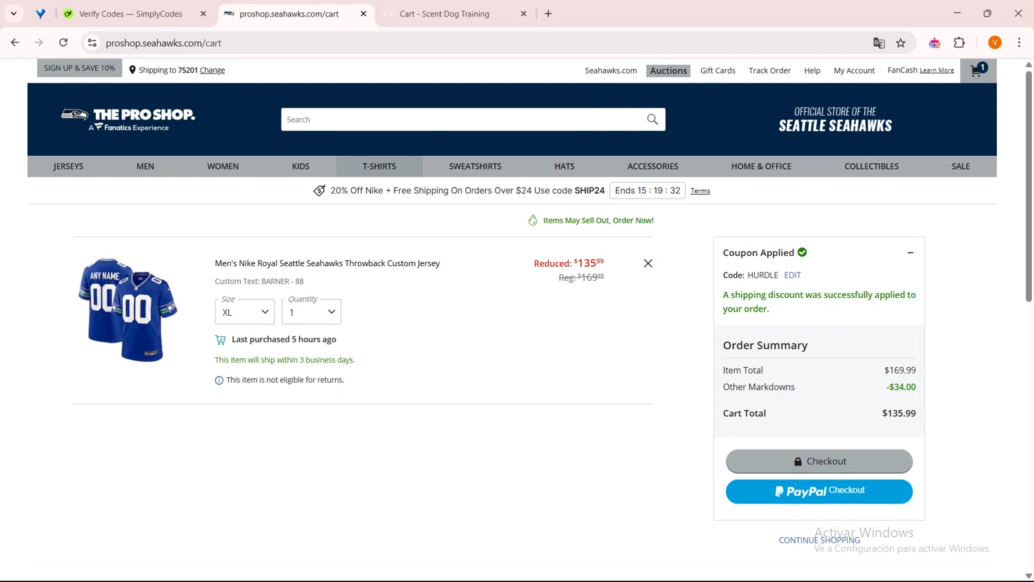 Seahawks Pro Shop promo code screenshot showing code HURDLE applied at Seahawks Pro Shop checkout page. Uploaded by SimplyCodes community member ExtraordinarySaver9637 on Apr 19, 2025