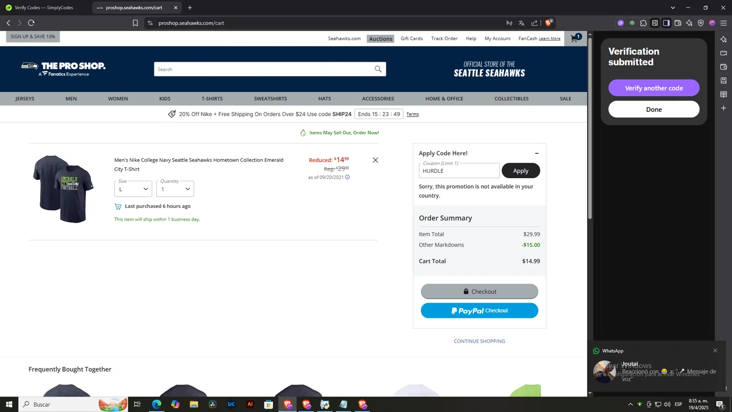 Seahawks Pro Shop promo code screenshot showing code HURDLE applied at Seahawks Pro Shop checkout page. Uploaded by SimplyCodes community member NobleLegend6162 on Apr 19, 2025
