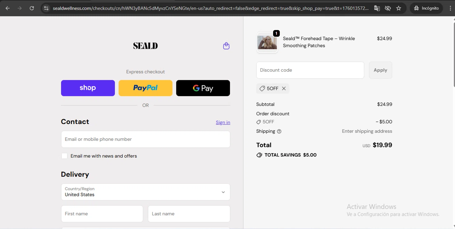 Seald Wellness promo code screenshot showing code 5OFF applied at Seald Wellness checkout page. Uploaded by SimplyCodes community member UchihaMadara on Oct 10, 2025