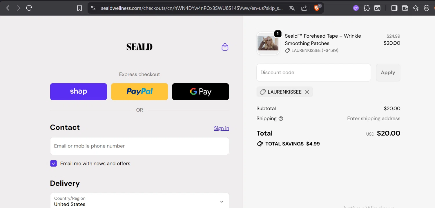 Seald Wellness promo code screenshot showing code laurenkissee applied at Seald Wellness checkout page. Uploaded by SimplyCodes community member CoinOwl5103 on Oct 17, 2025
