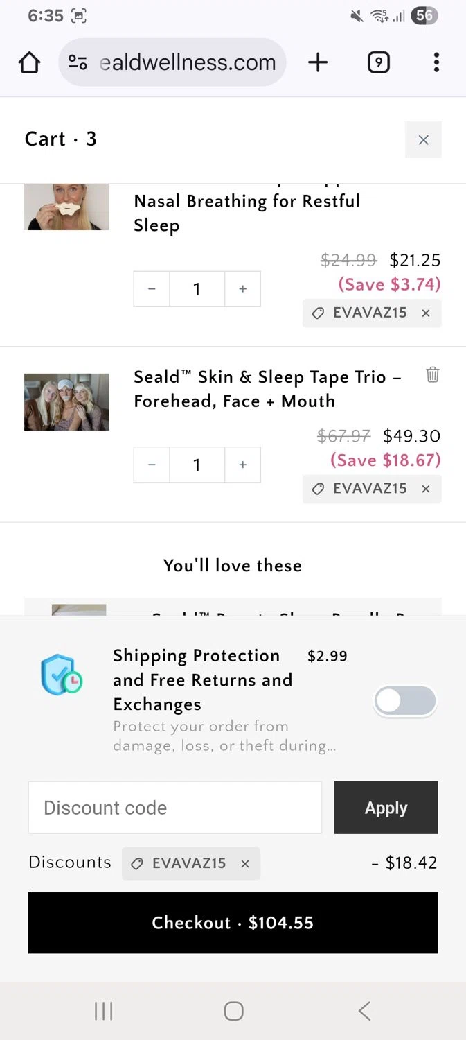 Seald Wellness promo code screenshot showing code Evavaz15 applied at Seald Wellness checkout page. Uploaded by SimplyCodes community member KarinaHZ on Dec 23, 2025
