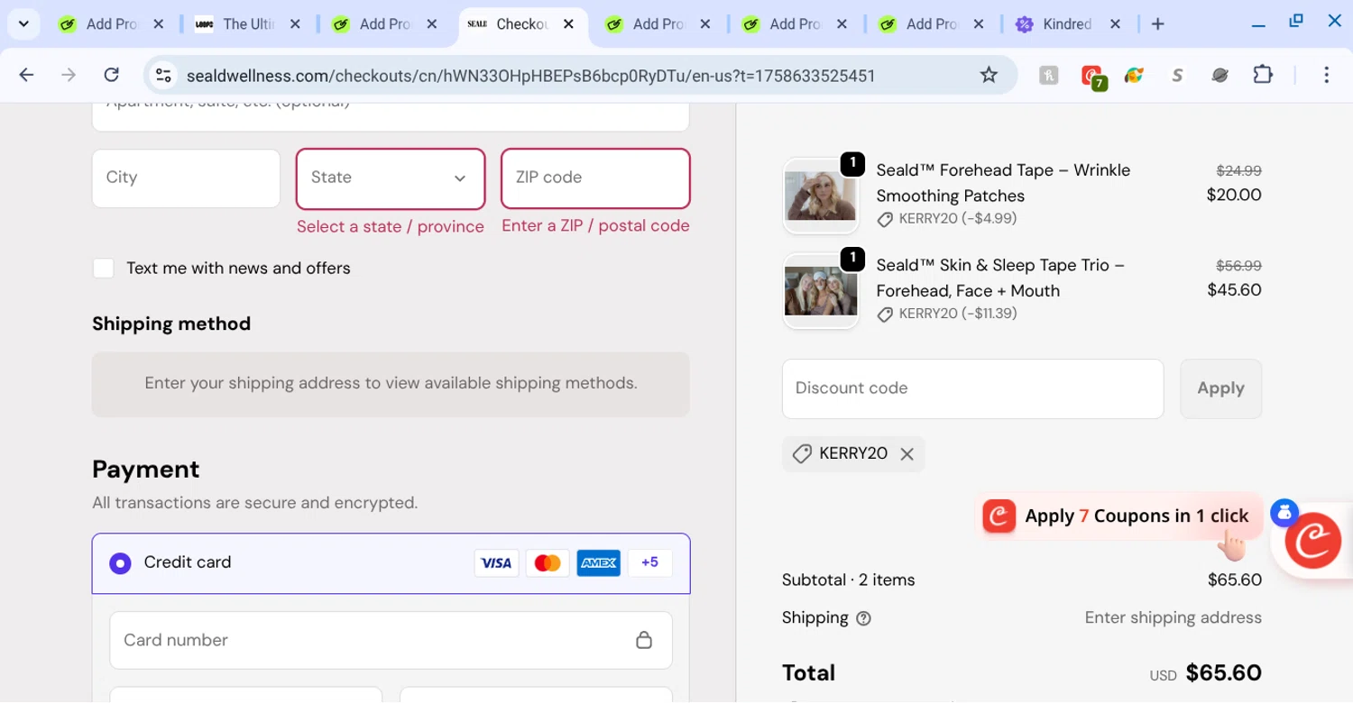 Seald Wellness promo code screenshot showing code kerry20 applied at Seald Wellness checkout page. Uploaded by SimplyCodes community member KarinaHZ on Sep 23, 2025