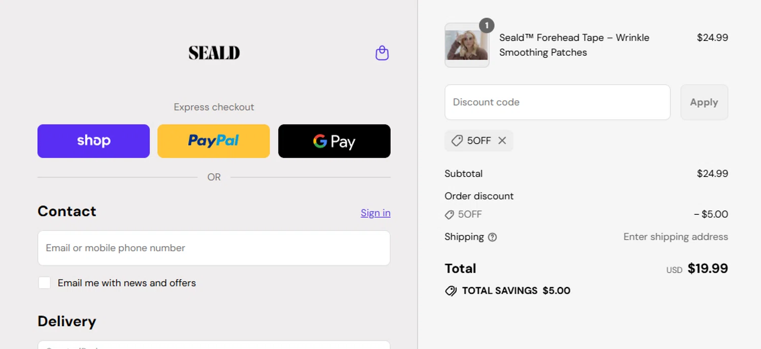 Seald Wellness promo code screenshot showing code 5OFF applied at Seald Wellness checkout page. Uploaded by SimplyCodes community member aumentadax10 on Sep 11, 2025