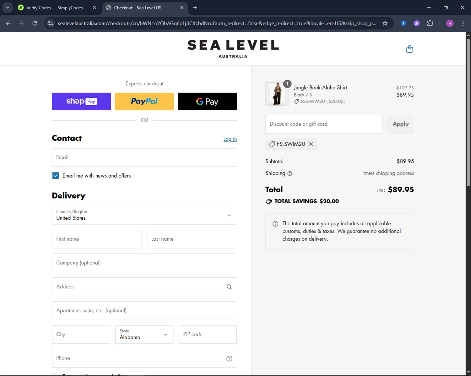 Sea Level Australia discount code screenshot showing code FSLSWIM20 applied at Sea Level Australia checkout page. Uploaded by SimplyCodes community member TokenNavigator6891 on Aug 15, 2025