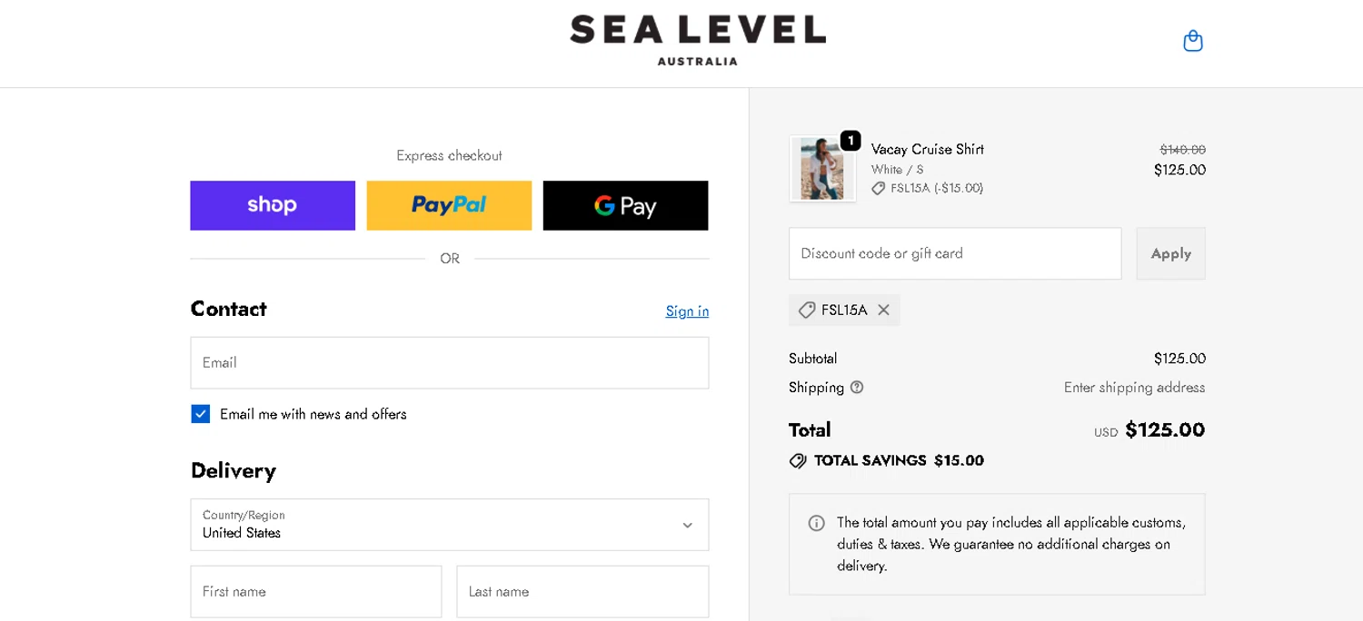 Sea Level Australia discount code screenshot showing code FSL15A applied at Sea Level Australia checkout page. Uploaded by SimplyCodes community member tuvalu10 on Dec 25, 2025