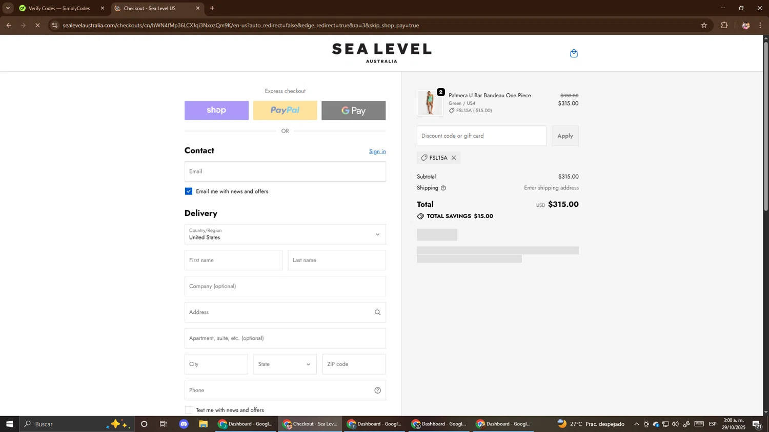 Sea Level Australia discount code screenshot showing code FSL15A applied at Sea Level Australia checkout page. Uploaded by SimplyCodes community member El_mynor on Oct 29, 2025