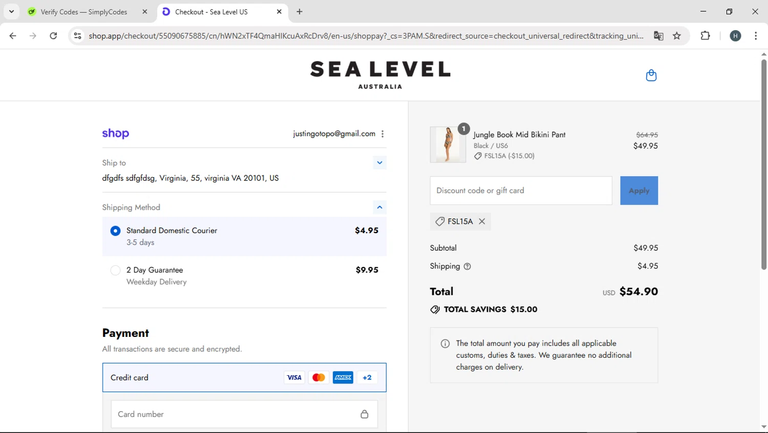 Sea Level Australia discount code screenshot showing code FSL15A applied at Sea Level Australia checkout page. Uploaded by SimplyCodes community member YAMAHA on Sep 14, 2025