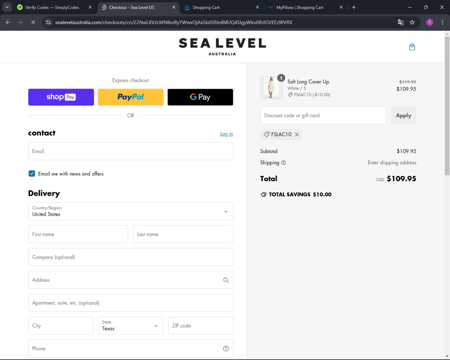 Sea Level Australia discount code screenshot showing code fslac10 applied at Sea Level Australia checkout page. Uploaded by SimplyCodes community member CleverFinder9623 on Jan 4, 2025