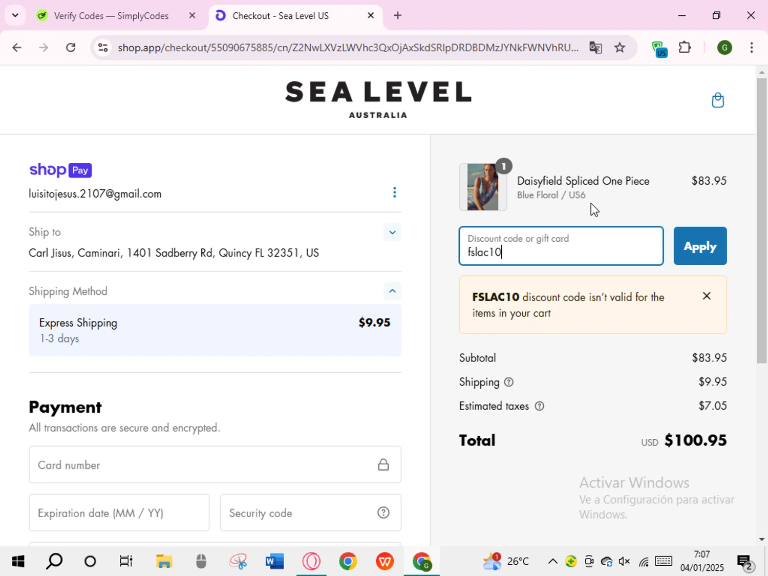 Sea Level Australia discount code screenshot showing code fslac10 applied at Sea Level Australia checkout page. Uploaded by SimplyCodes community member RoyalVirtuoso7438 on Jan 4, 2025