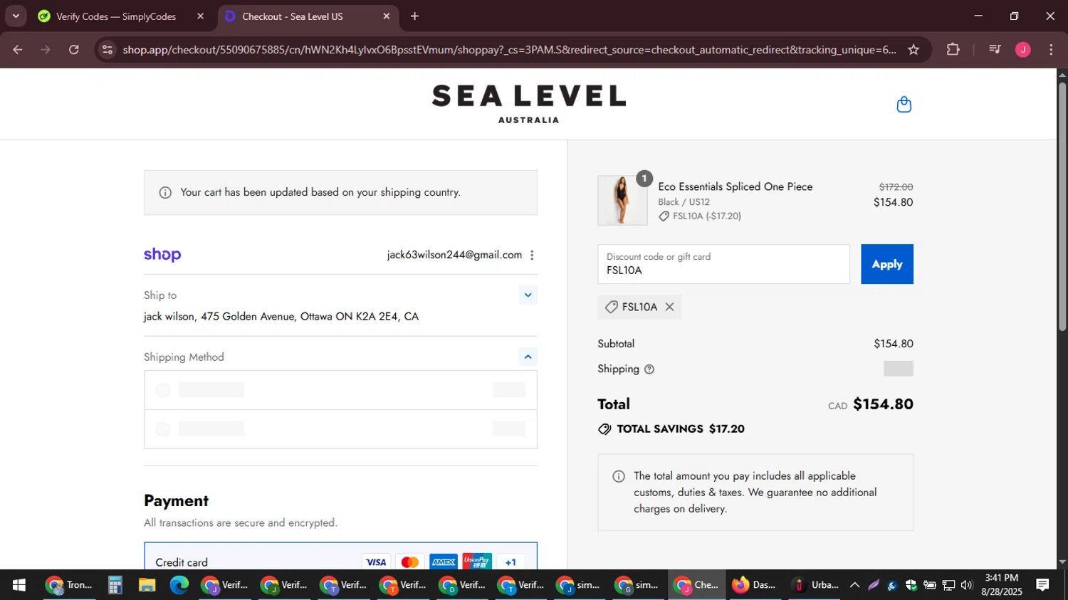 Sea Level Australia discount code screenshot showing code FSL10A applied at Sea Level Australia checkout page. Uploaded by SimplyCodes community member JackWilson63 on Aug 28, 2025