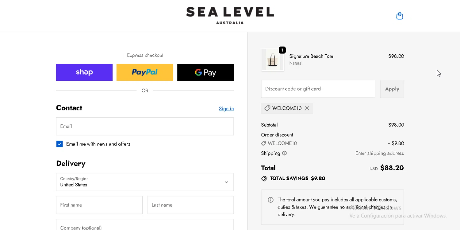 Sea Level Australia discount code screenshot showing code WELCOME10 applied at Sea Level Australia checkout page. Uploaded by SimplyCodes community member RebateSpotter2821 on Dec 30, 2025