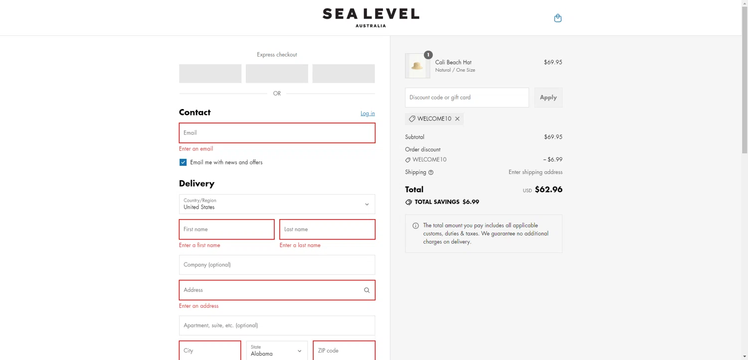 Sea Level Australia discount code screenshot showing code WELCOME10 applied at Sea Level Australia checkout page. Uploaded by SimplyCodes community member RewardTitan728 on Aug 15, 2025