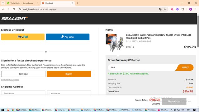 SEALIGHT checkout page showing SEALIGHT coupon code box | Screenshot taken by SimplyCodes community member on Aug 8, 2025