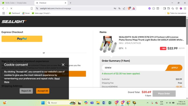 SEALIGHT checkout page showing SEALIGHT coupon code box | Screenshot taken by SimplyCodes community member on Jul 31, 2025