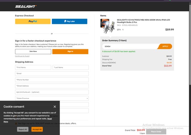 SEALIGHT checkout page showing SEALIGHT coupon code box | Screenshot taken by SimplyCodes community member on Aug 8, 2025