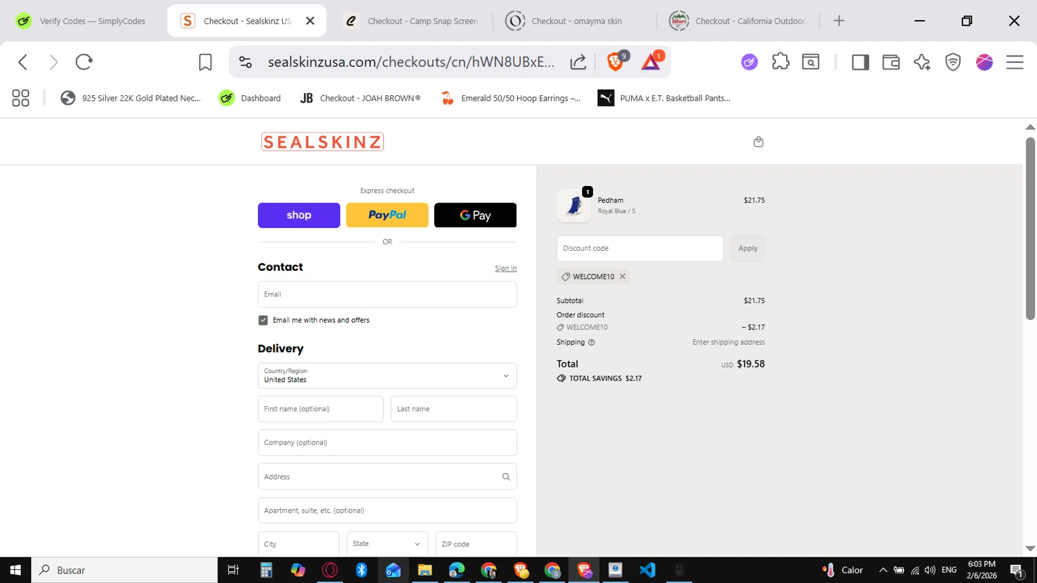 Sealskinz USA promo code screenshot showing code WELCOME10 applied at Sealskinz USA checkout page. Uploaded by SimplyCodes community member SavingsVirtuoso1883 on Feb 6, 2026