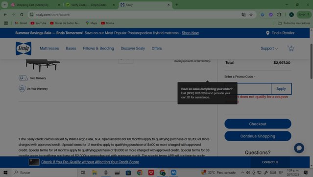 Sealy checkout page showing Sealy promo code box | Screenshot taken by SimplyCodes community member on Jul 20, 2025