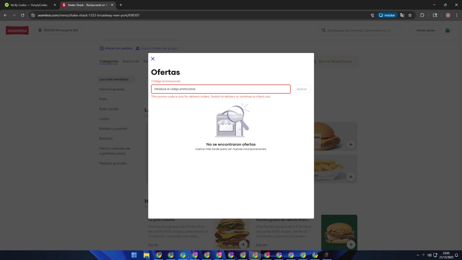 Seamless promo code screenshot showing code GH1025CGE10 applied at Seamless checkout page. Uploaded by SimplyCodes community member Kaizen on Dec 22, 2025