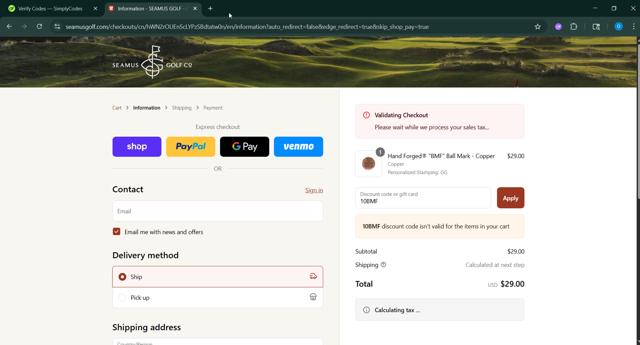 Seamus Golf checkout page showing Seamus Golf promo code box | Screenshot taken by SimplyCodes community member on Sep 11, 2025
