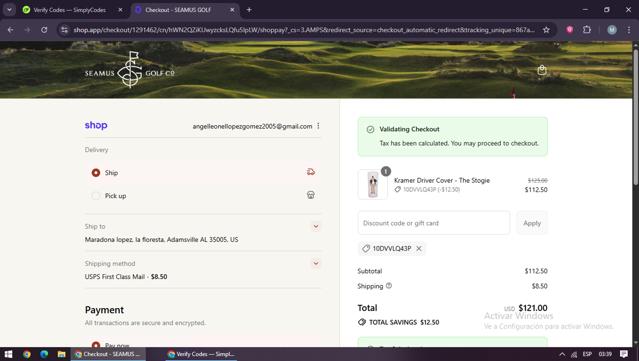 Seamus Golf checkout page showing Seamus Golf promo code box | Screenshot taken by SimplyCodes community member on Aug 31, 2025