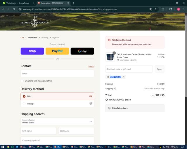 Seamus Golf checkout page showing Seamus Golf promo code box | Screenshot taken by SimplyCodes community member on Sep 8, 2025