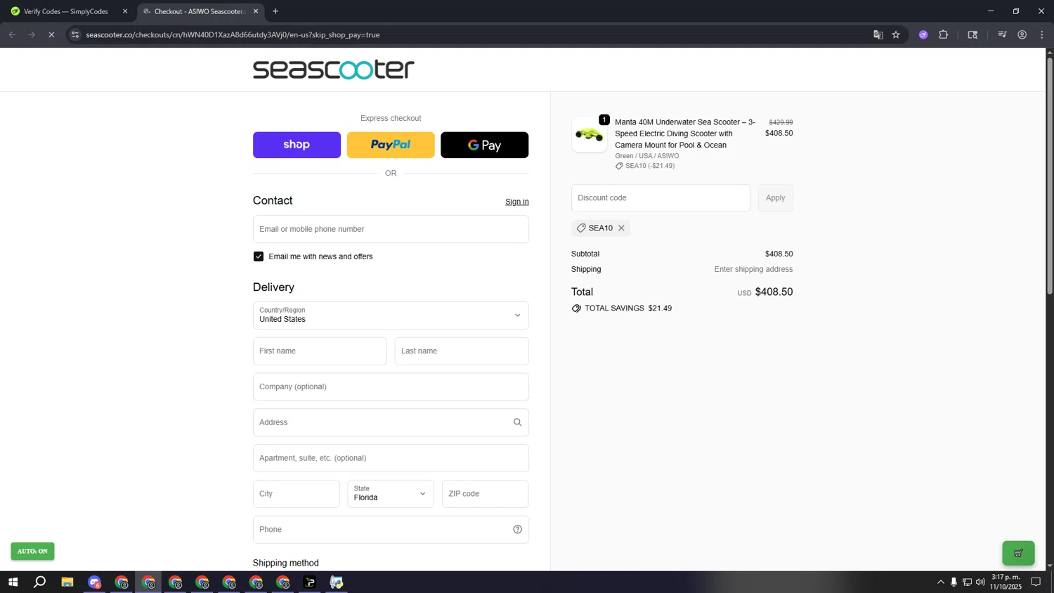 Asiwo | Manta Sea Scooter promo code screenshot showing code SEA10 applied at Asiwo | Manta Sea Scooter checkout page. Uploaded by SimplyCodes community member ooooooooooooooooooo on Oct 11, 2025