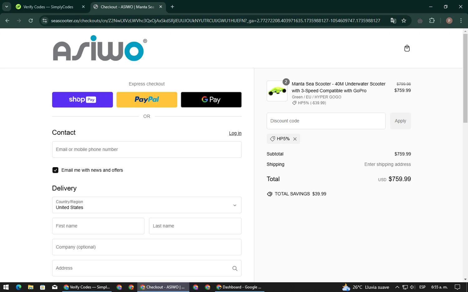 Asiwo | Manta Sea Scooter promo code screenshot showing code HP5% applied at Asiwo | Manta Sea Scooter checkout page. Uploaded by SimplyCodes community member RoyalSleuth6331 on Jan 4, 2025