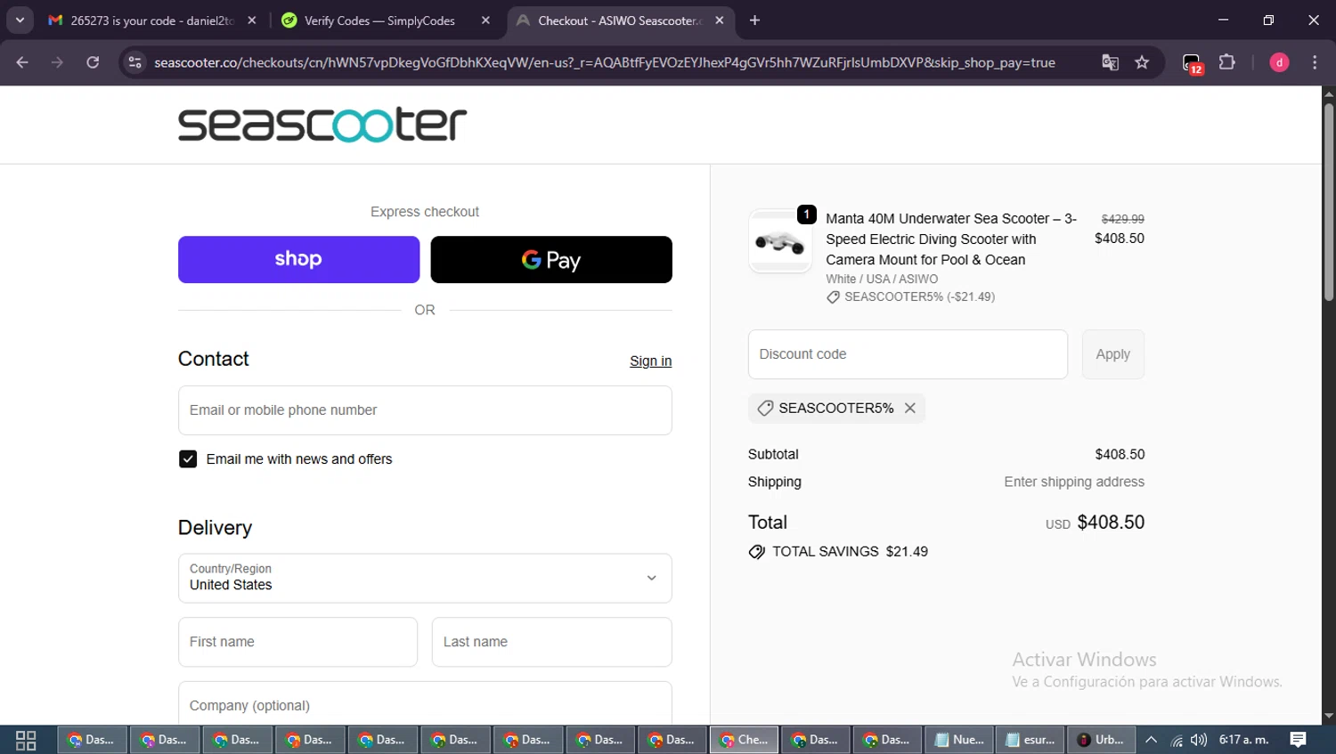 Asiwo | Manta Sea Scooter promo code screenshot showing code SEASCOOTER5% applied at Asiwo | Manta Sea Scooter checkout page. Uploaded by SimplyCodes community member MagnificentSpotter4236 on Nov 10, 2025