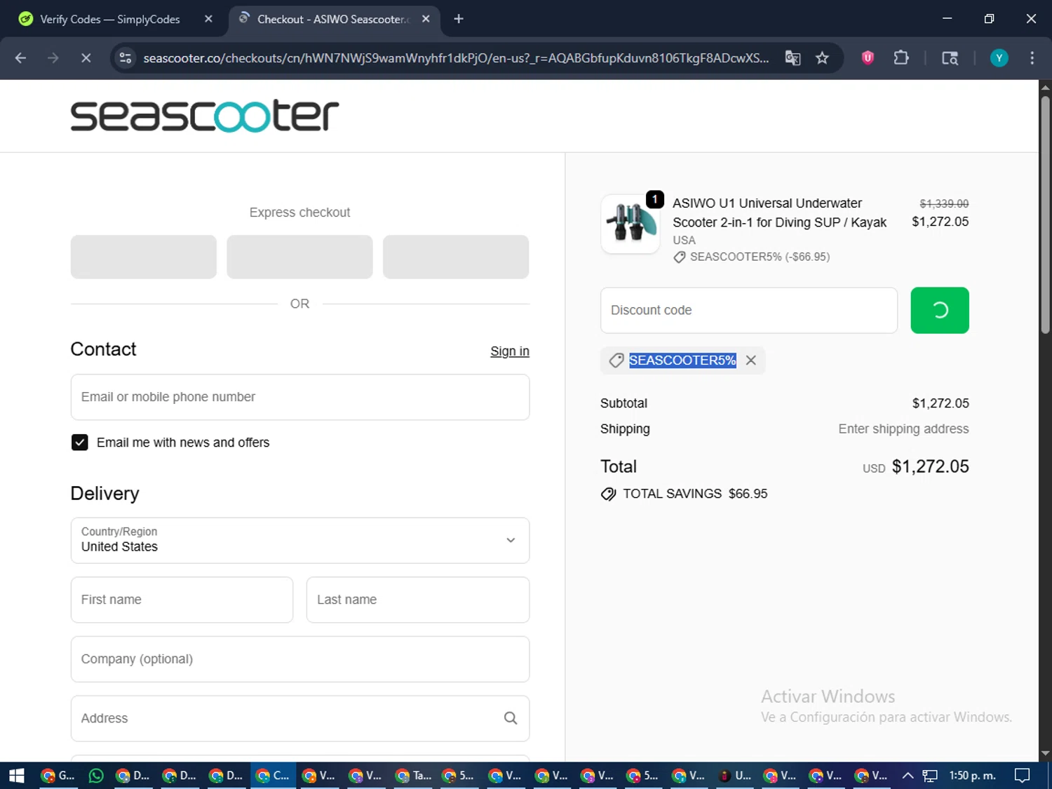 Asiwo | Manta Sea Scooter checkout page showing Asiwo | Manta Sea Scooter promo code box | Screenshot taken by SimplyCodes community member on Jan 8, 2026