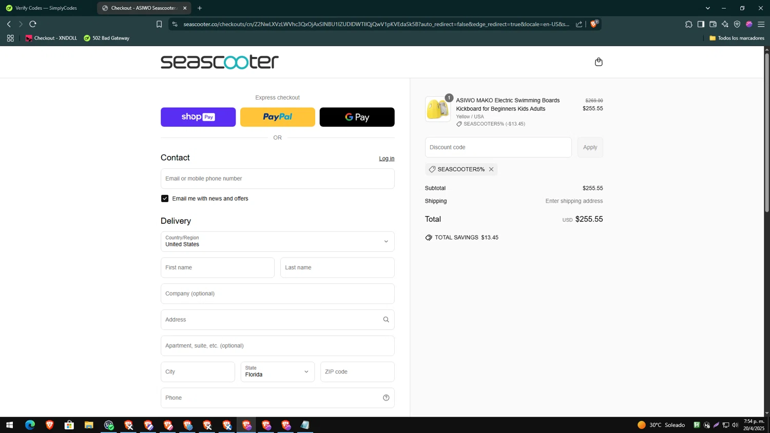 Asiwo | Manta Sea Scooter promo code screenshot showing code SEASCOOTER5% applied at Asiwo | Manta Sea Scooter checkout page. Uploaded by SimplyCodes community member VoucherWarden3396 on Apr 20, 2025