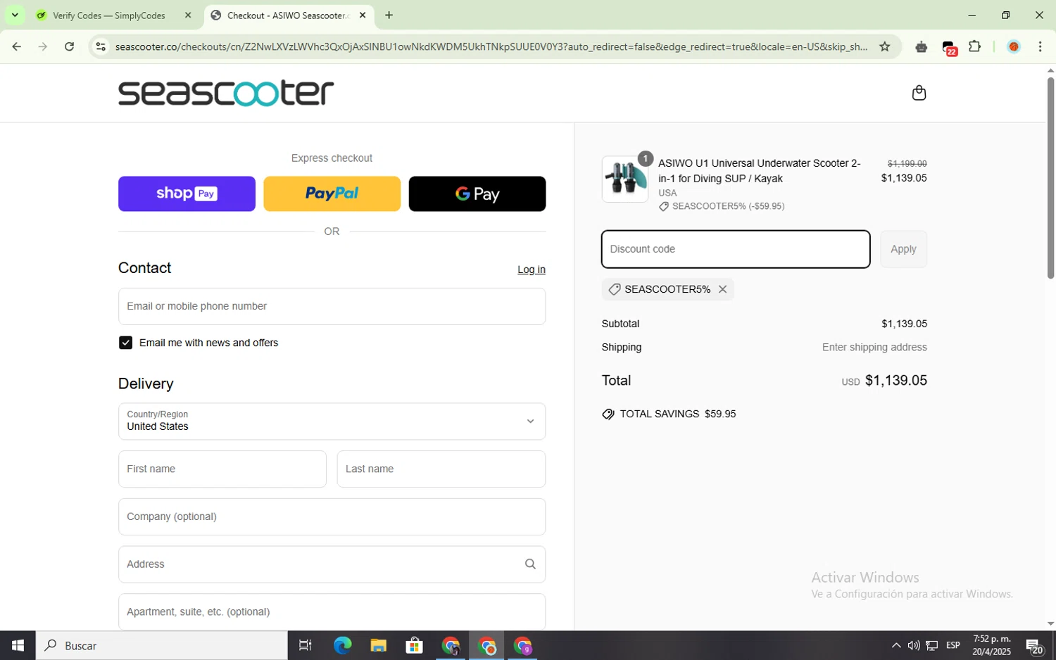 Asiwo | Manta Sea Scooter promo code screenshot showing code SEASCOOTER5% applied at Asiwo | Manta Sea Scooter checkout page. Uploaded by SimplyCodes community member youngchecker2 on Apr 20, 2025