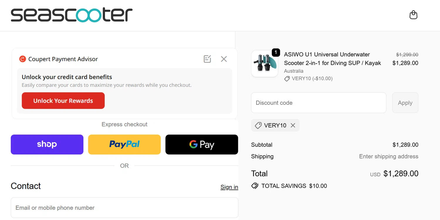 Asiwo | Manta Sea Scooter promo code screenshot showing code Very10 applied at Asiwo | Manta Sea Scooter checkout page. Uploaded by SimplyCodes community member juancrisostomo on Dec 3, 2025