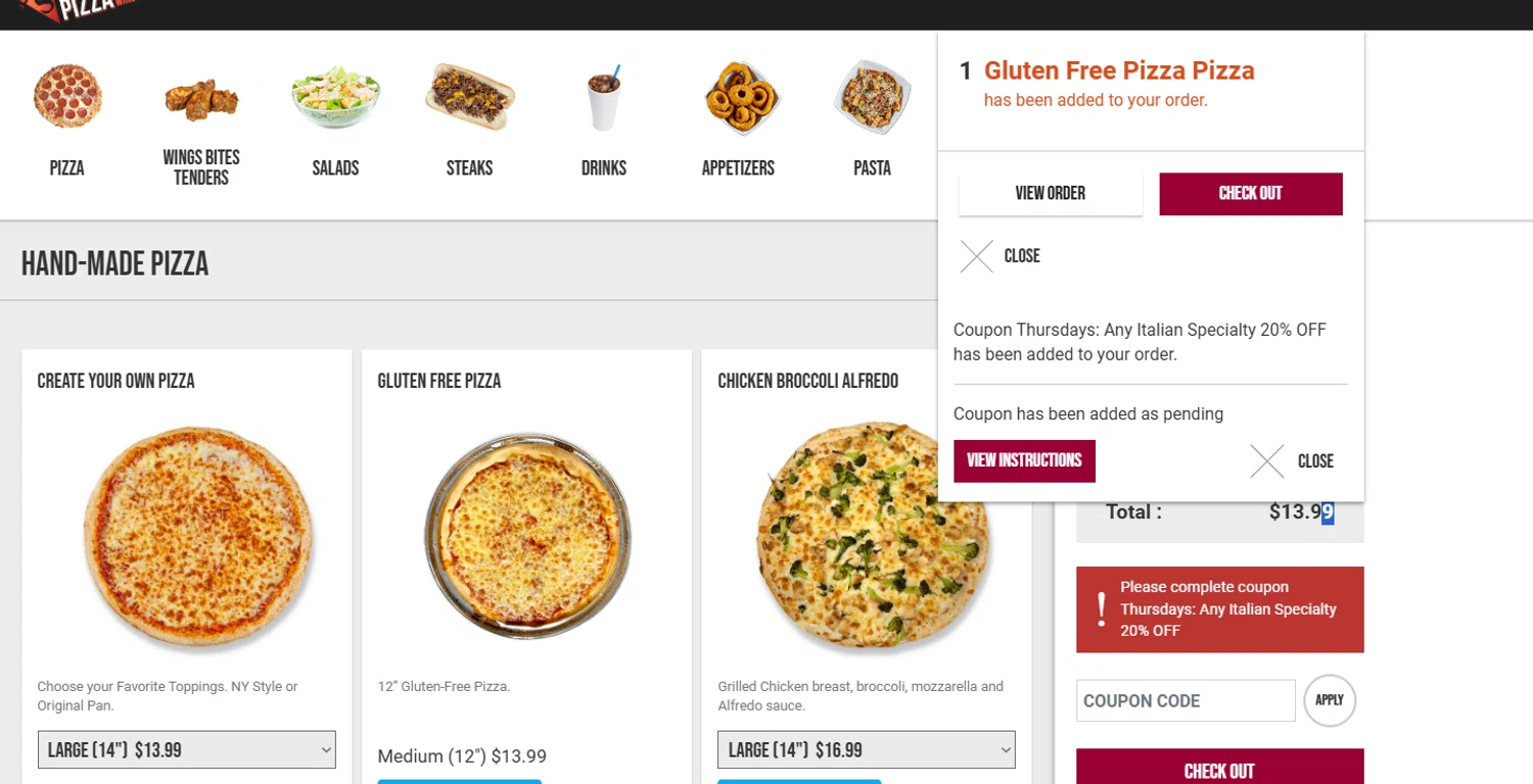Seasons Pizza promo code screenshot showing code THUPASTA20 applied at Seasons Pizza checkout page. Uploaded by SimplyCodes community member Billyyou on Feb 27, 2026