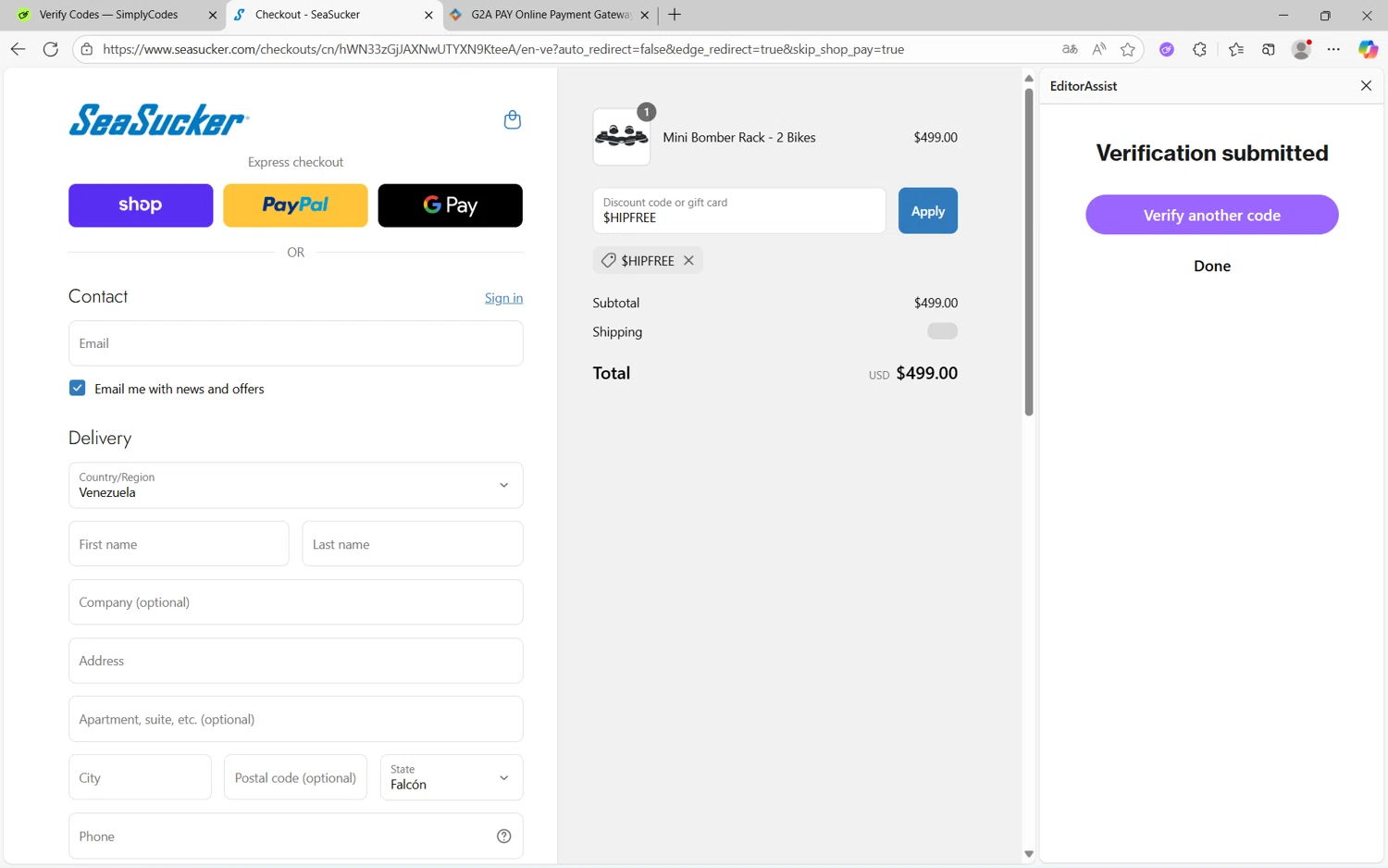 SeaSucker discount code screenshot showing code $HIPFREE applied at SeaSucker checkout page. Uploaded by SimplyCodes community member Yuyu12 on Sep 17, 2025