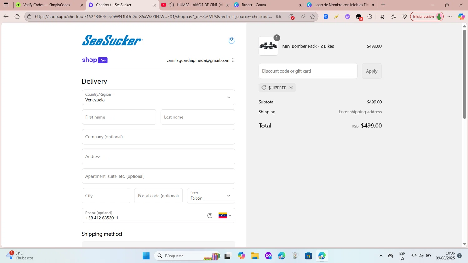 SeaSucker discount code screenshot showing code $HIPFREE applied at SeaSucker checkout page. Uploaded by SimplyCodes community member lovehumbe on Aug 9, 2025