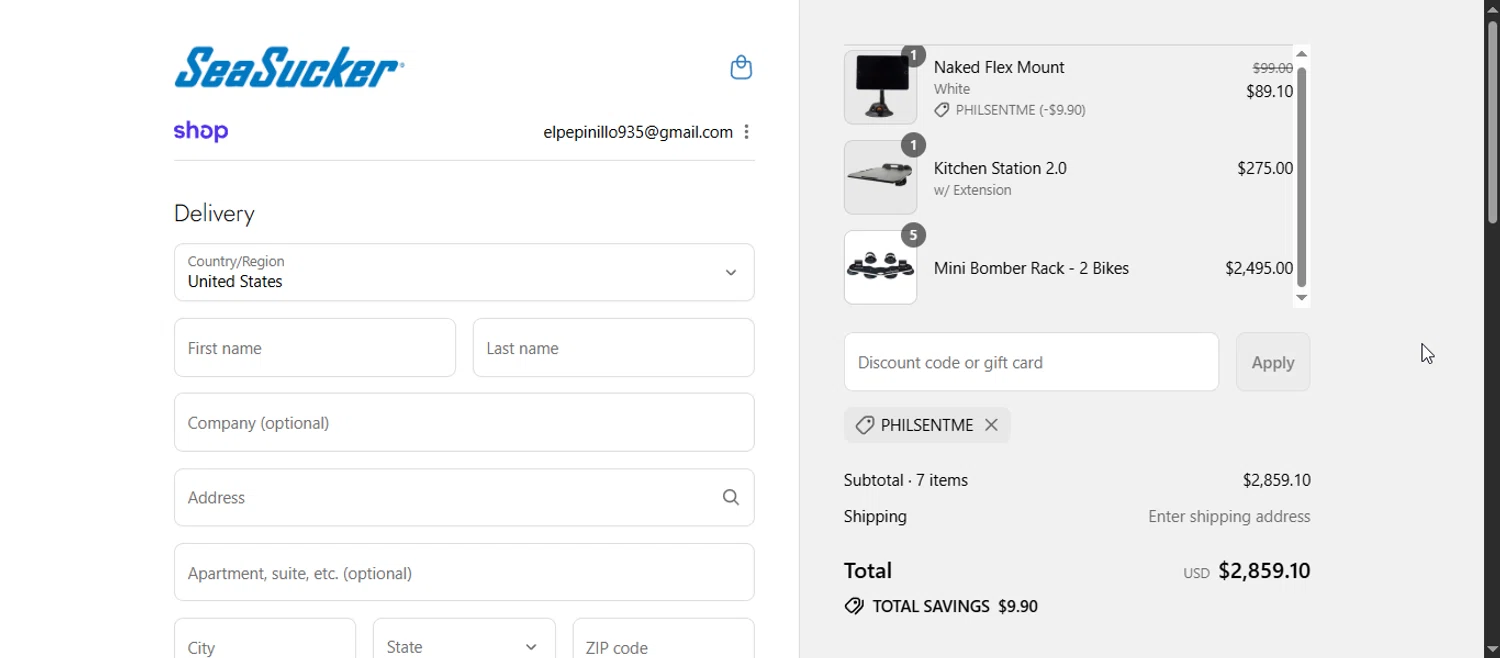 SeaSucker discount code screenshot showing code PHILSENTME applied at SeaSucker checkout page. Uploaded by SimplyCodes community member Enmanuel99 on Sep 8, 2025