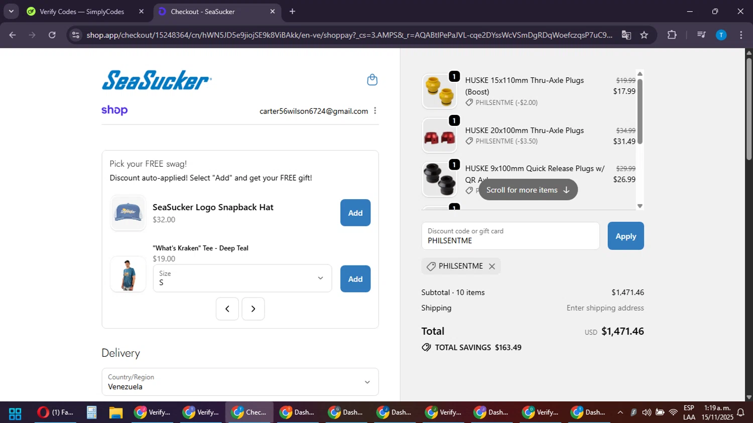 SeaSucker discount code screenshot showing code PHILSENTME applied at SeaSucker checkout page. Uploaded by SimplyCodes community member LuckyPioneer4530 on Nov 15, 2025