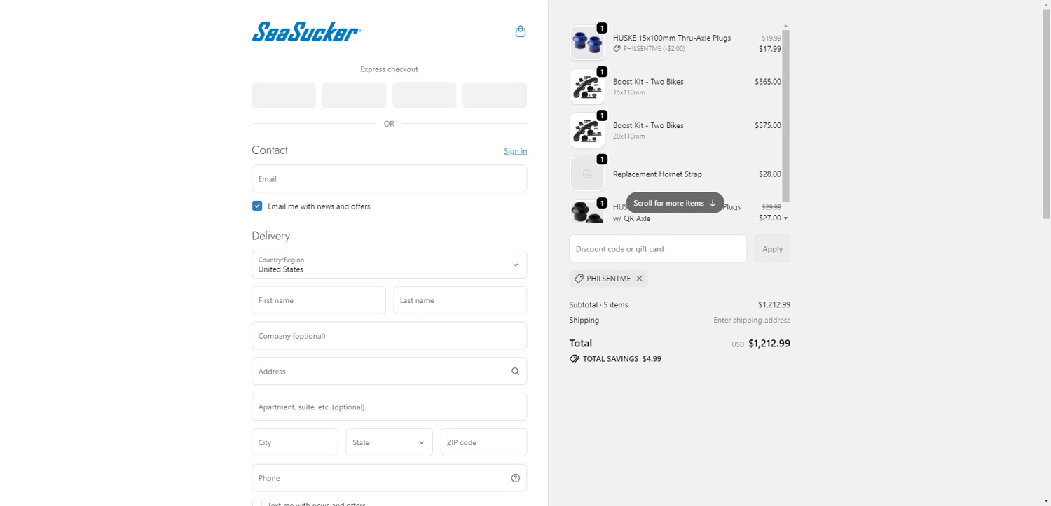 SeaSucker checkout page showing SeaSucker discount code box | Screenshot taken by SimplyCodes community member on Feb 17, 2026