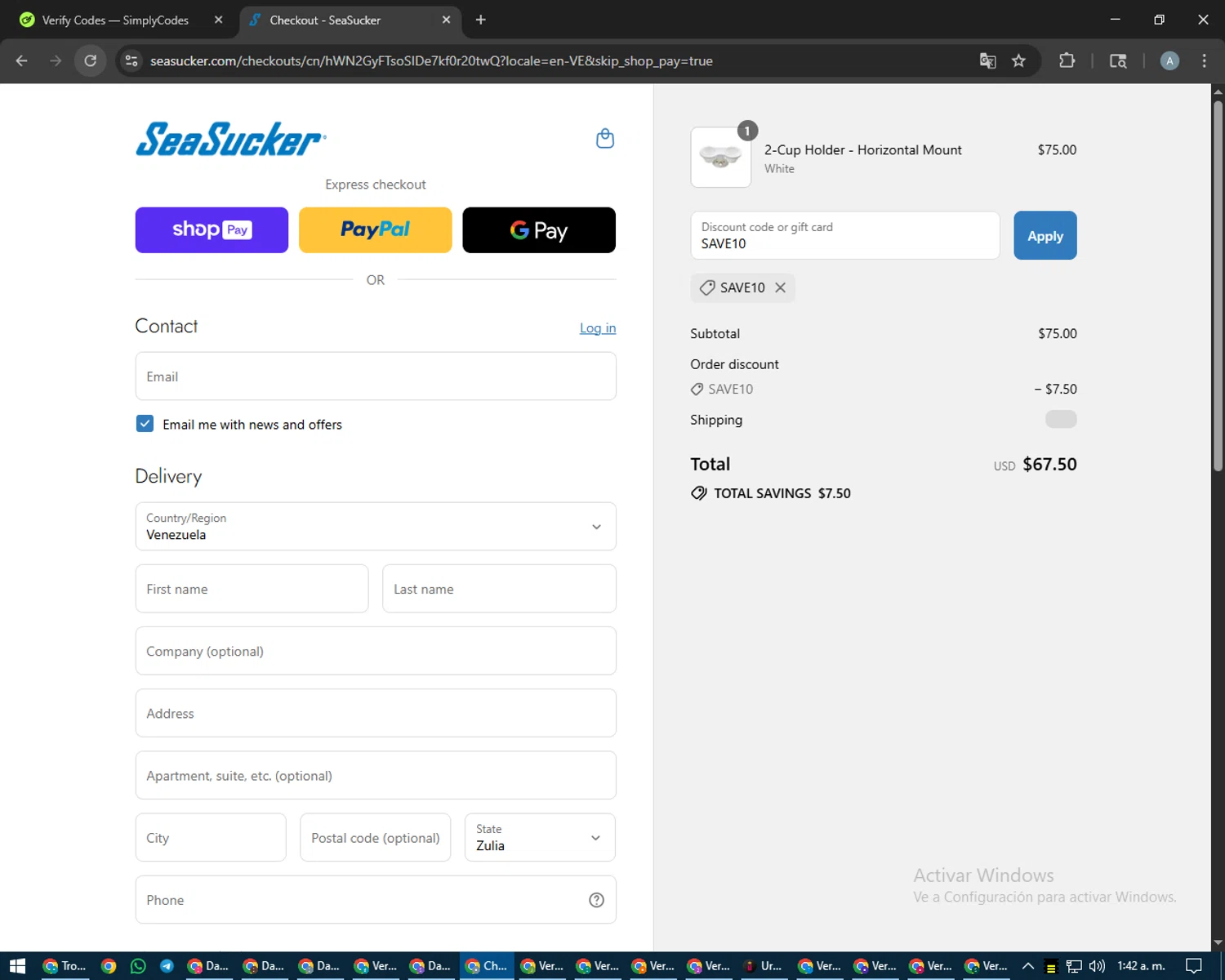 SeaSucker discount code screenshot showing code SAVE10 applied at SeaSucker checkout page. Uploaded by SimplyCodes community member trippieredd on Aug 27, 2025