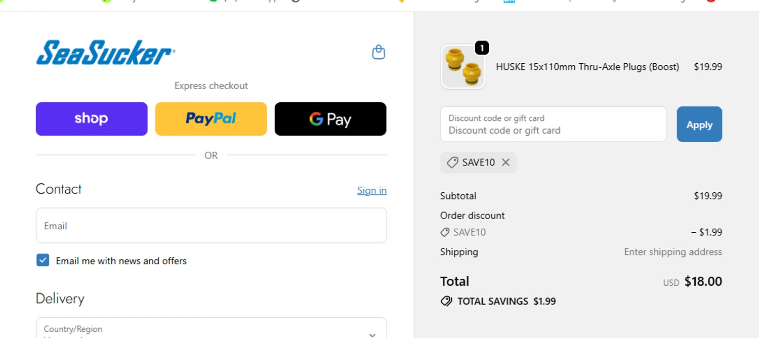 SeaSucker discount code screenshot showing code SAVE10 applied at SeaSucker checkout page. Uploaded by SimplyCodes community member yeresojperez on Oct 3, 2025