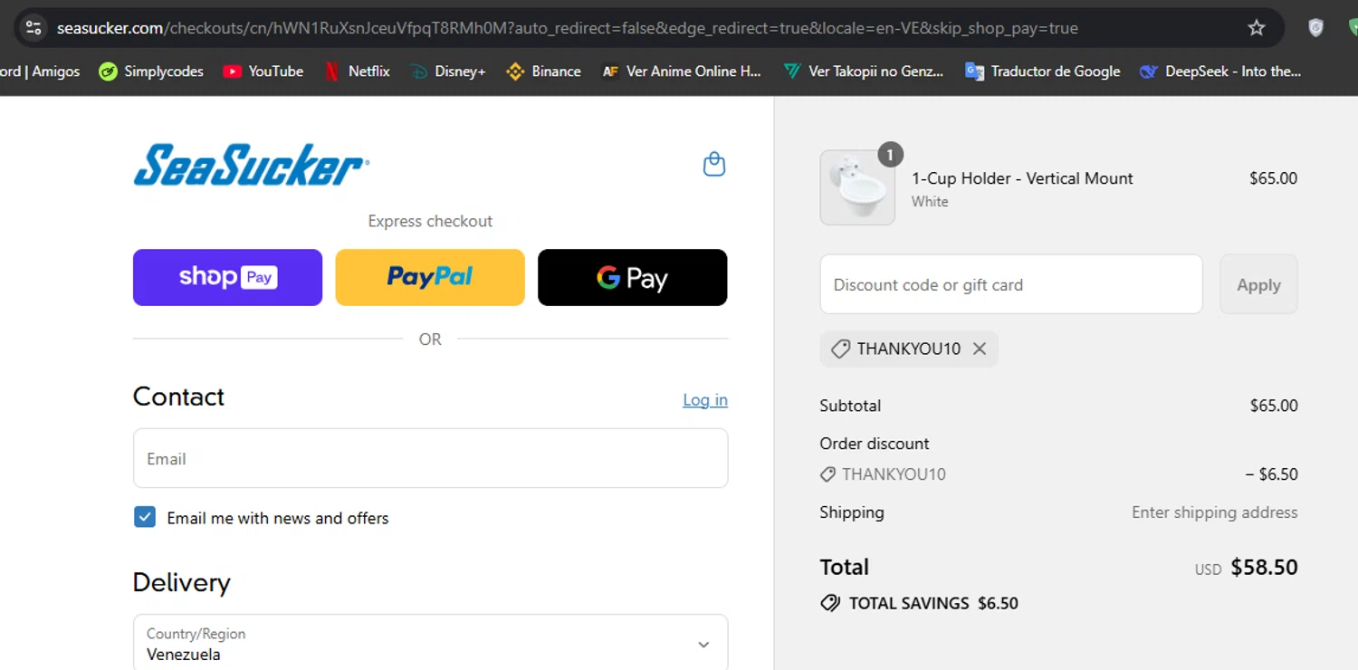 SeaSucker discount code screenshot showing code THANKYOU10 applied at SeaSucker checkout page. Uploaded by SimplyCodes community member Hisoka on Aug 5, 2025