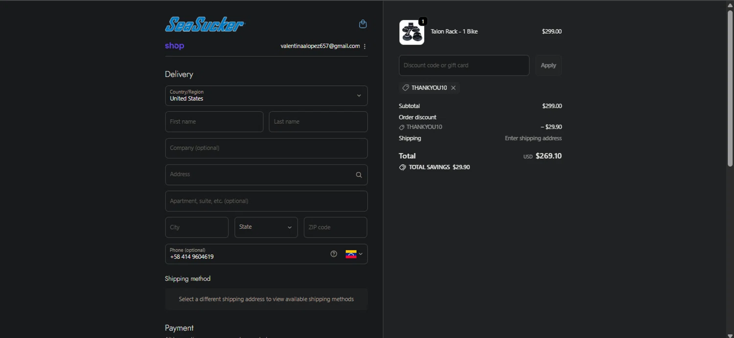 SeaSucker discount code screenshot showing code THANKYOU10 applied at SeaSucker checkout page. Uploaded by SimplyCodes community member Nicoletorres on Oct 3, 2025
