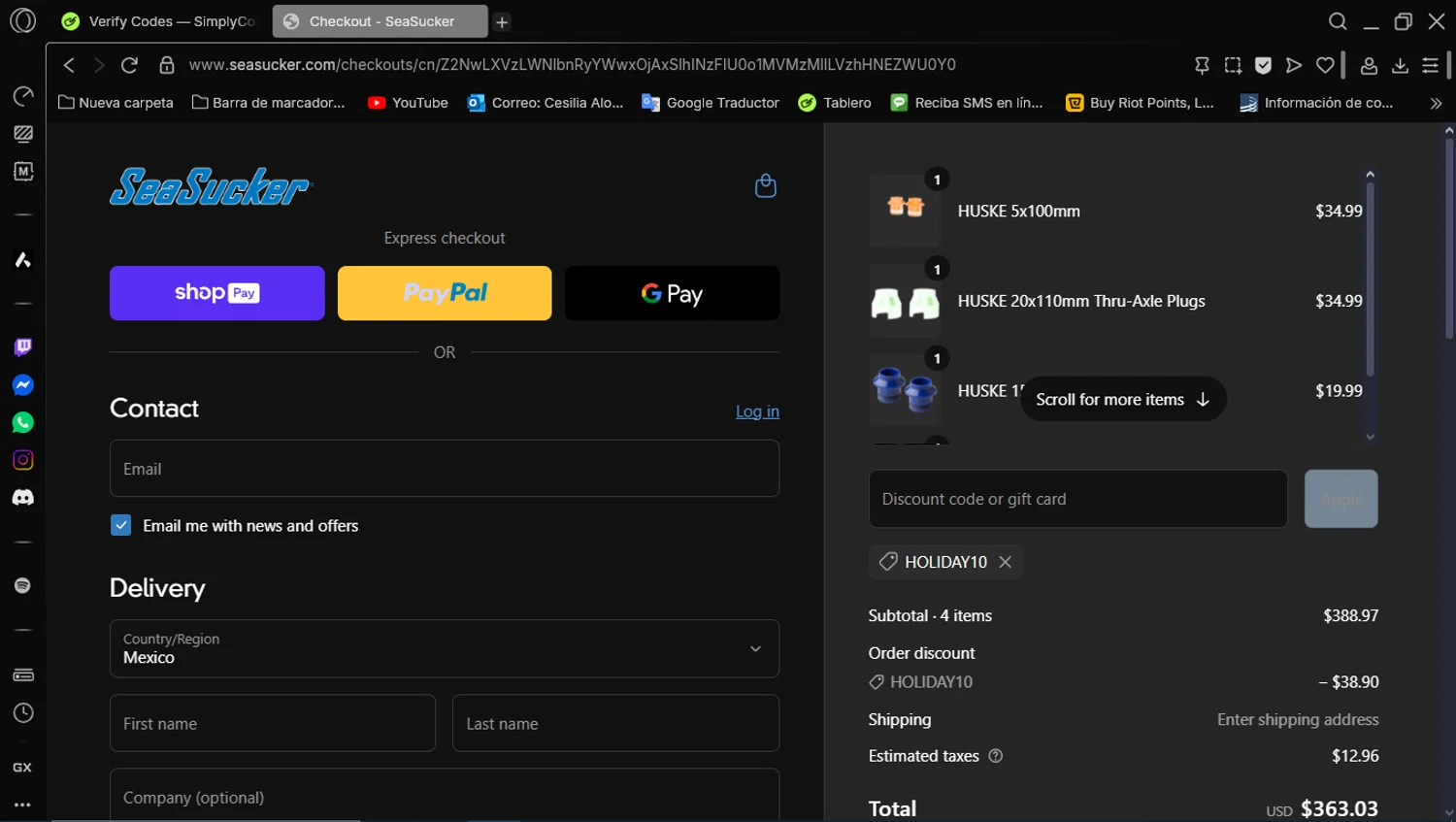 SeaSucker discount code screenshot showing code HOLIDAY10 applied at SeaSucker checkout page. Uploaded by SimplyCodes community member Depresiva on Jun 12, 2025