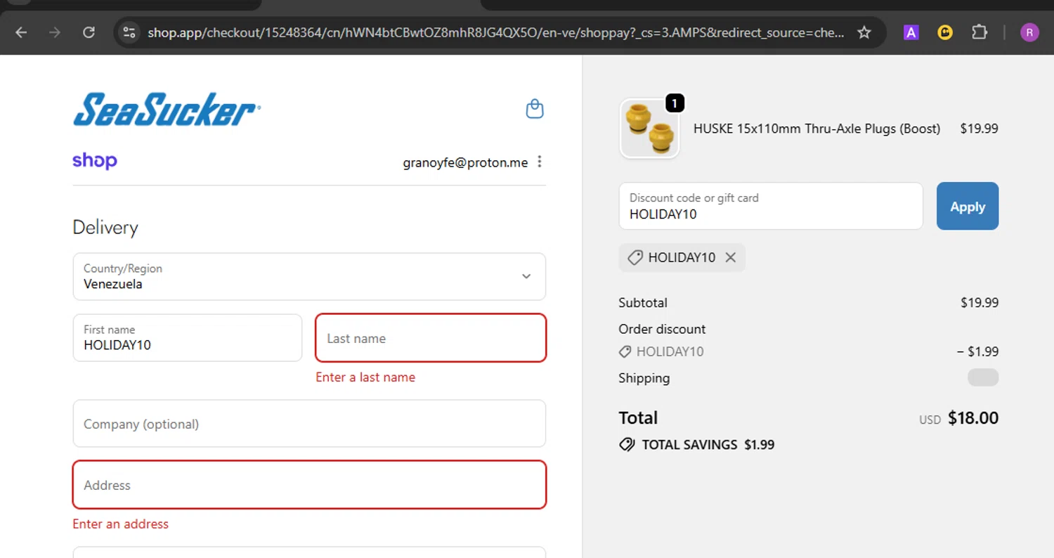 SeaSucker discount code screenshot showing code HOLIDAY10 applied at SeaSucker checkout page. Uploaded by SimplyCodes community member MARCVH on Oct 27, 2025