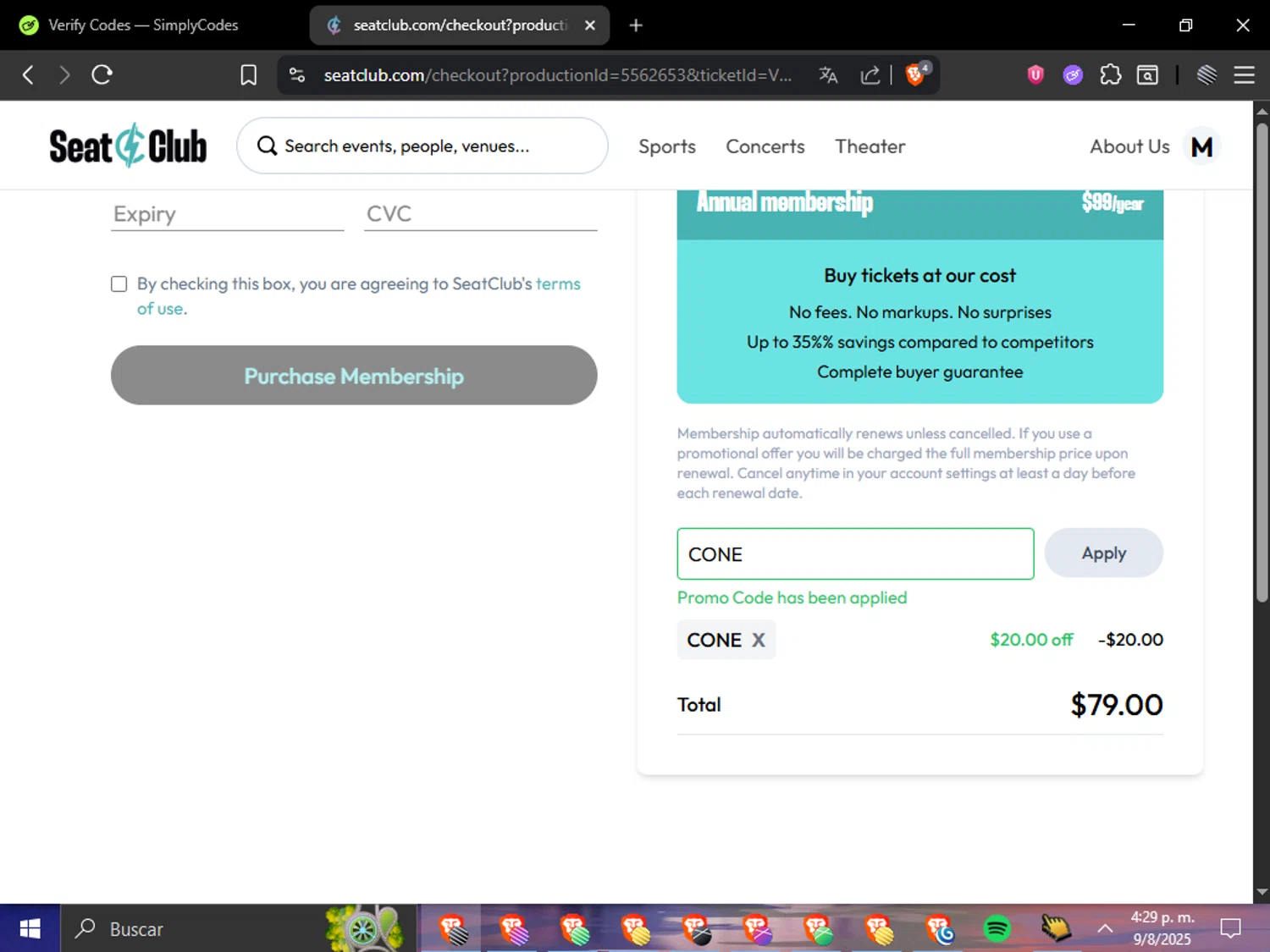 SeatClub promo code screenshot showing code CONE applied at SeatClub checkout page. Uploaded by SimplyCodes community member Cuponzinho on Aug 9, 2025