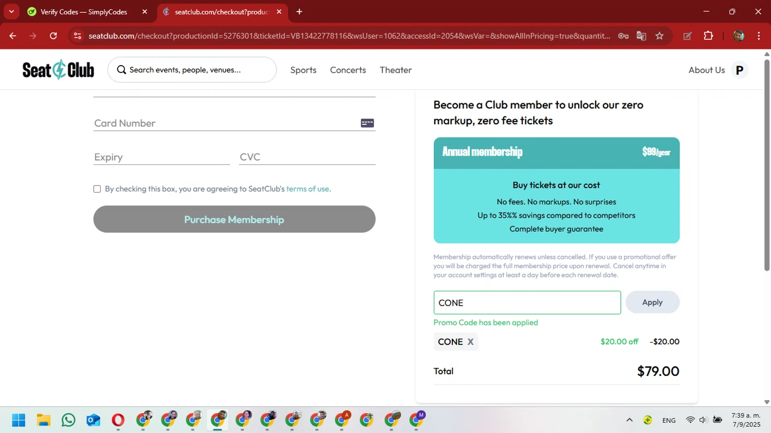 SeatClub promo code screenshot showing code CONE applied at SeatClub checkout page. Uploaded by SimplyCodes community member David_Gut_Sonic on Sep 7, 2025