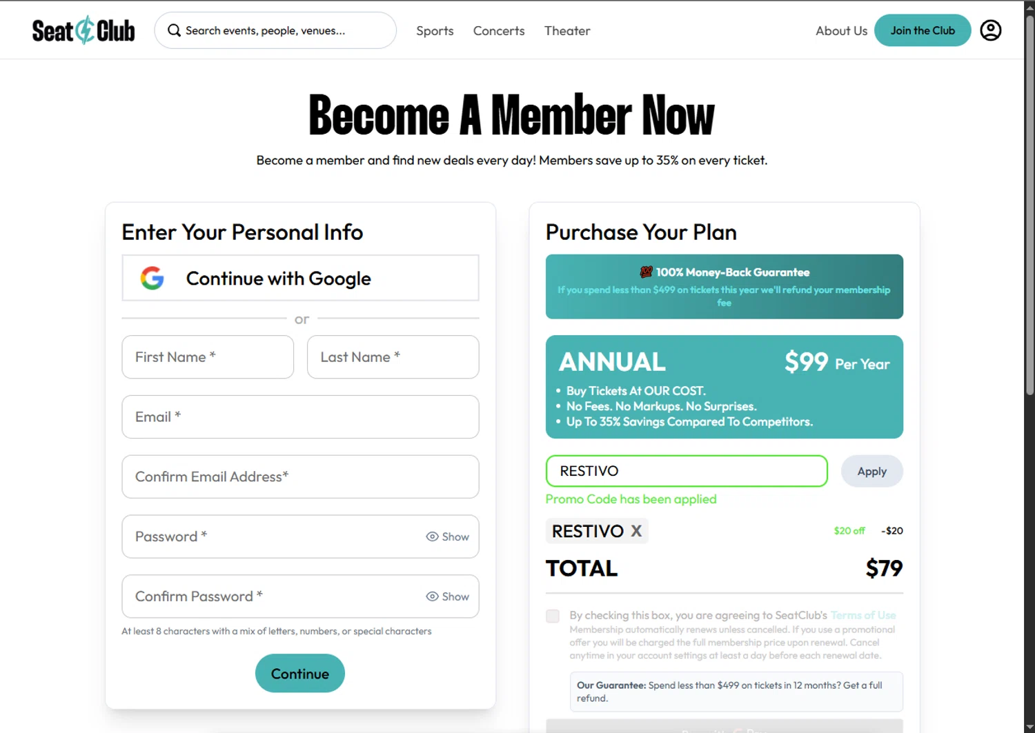 SeatClub promo code screenshot showing code RESTIVO applied at SeatClub checkout page. Uploaded by SimplyCodes community member GoldPhoenix3793 on Oct 31, 2025